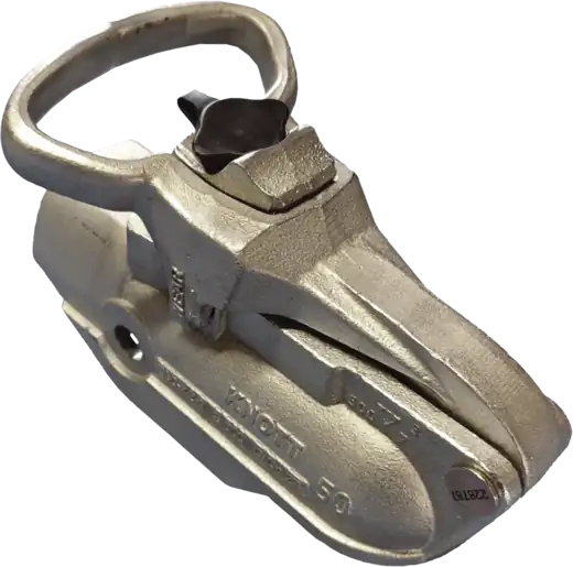 A Knott 50 trailer coupling with its handle raised, shown on its own without a lock fitted